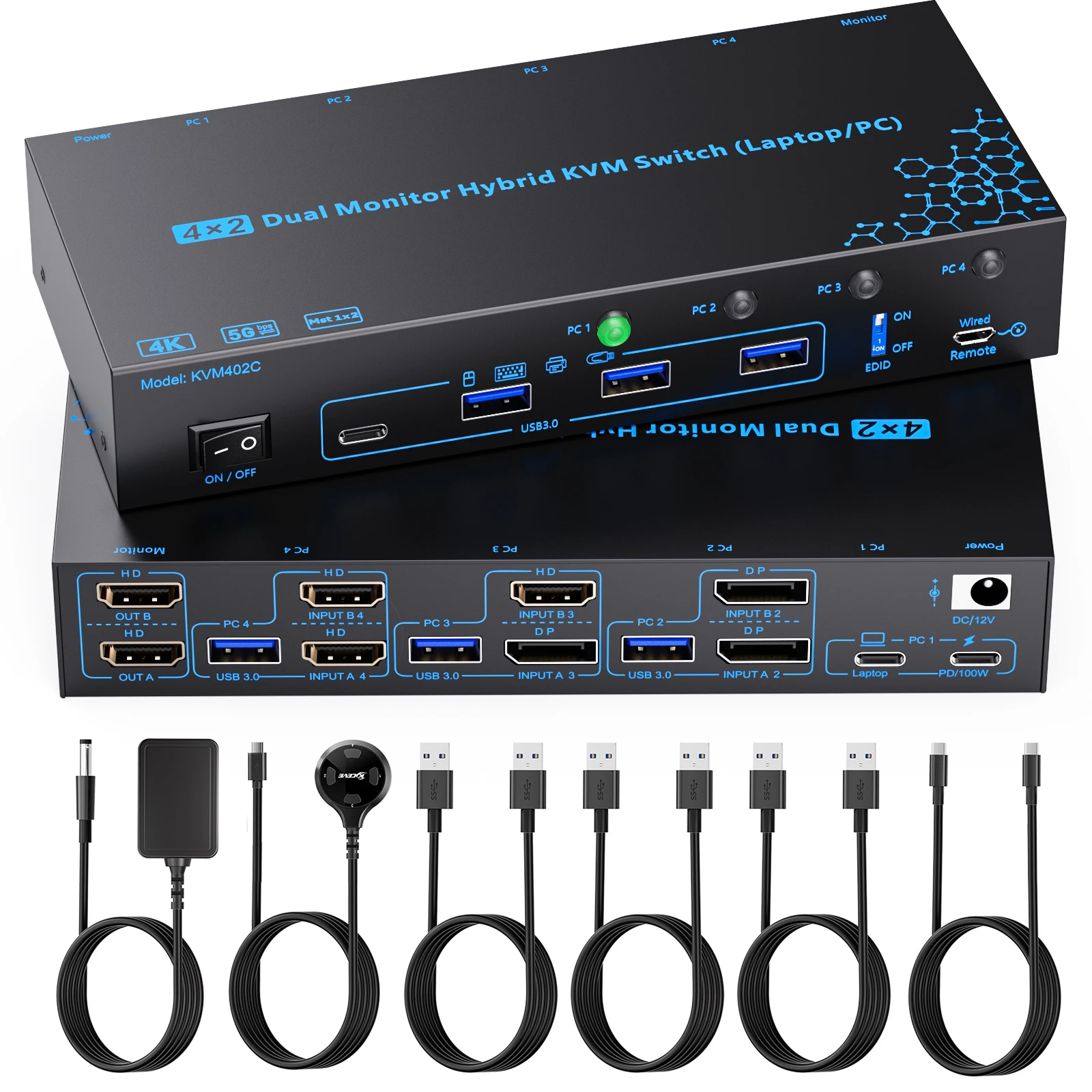 KCEVE 4K@60Hz KVM Switch 1/2 Monitors 4 Computers USB-C HDMI DP,EDID Emulator USB 3.0 Switch 4 Port for 4PC Share Keyboard Mouse