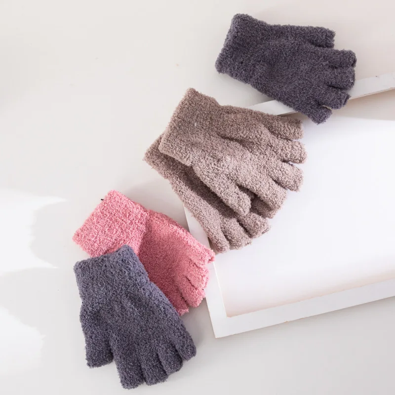 Thermal Coral Fleece Fingerless Gloves For Women Men Winter Warm Cycling Writing Knitted Gloves Plush Half Finger Mittens