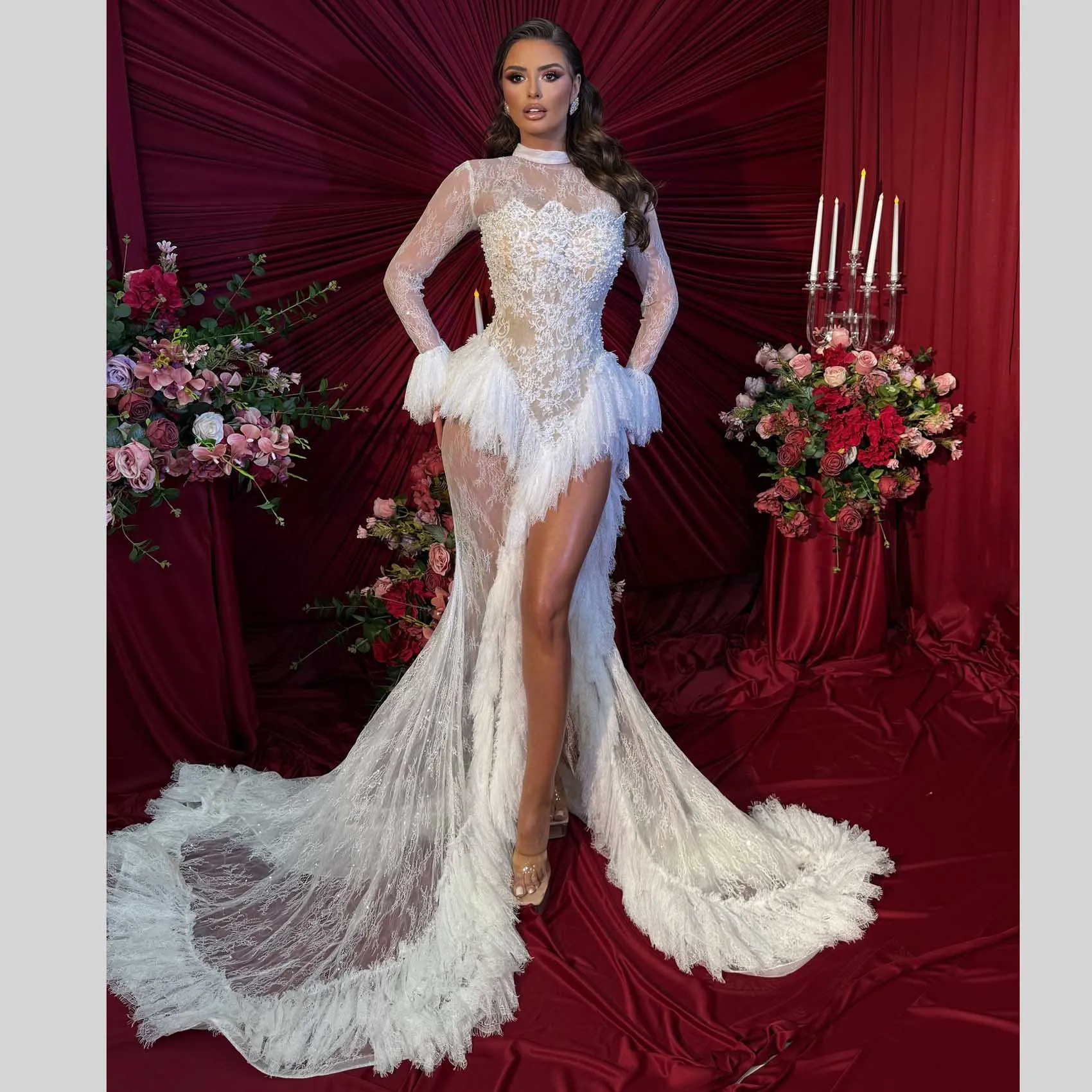 

Elegance White Lace Evening Dresses Sexy Side Slit Ruffled Full Lace Wedding Party Dress Formal Gown Pearls Lace Prom Dress