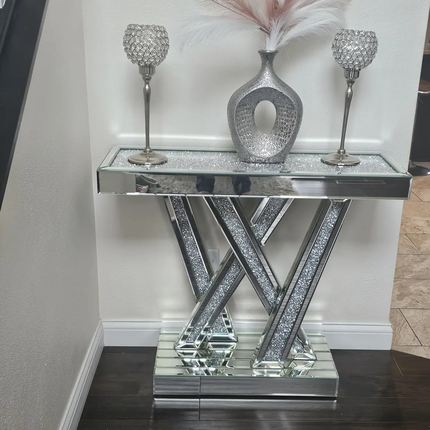 Modern Console Mirrored Finished Glam Style Silver Entryway Table Inlay with Sparkly Crushed Crystals 35 inches Contemporary
