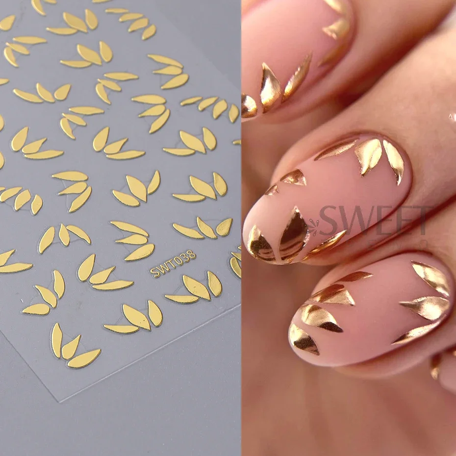 Metal Simple Leaf Nail Art Stickers Elegant Flower Rose Gold Silver Mirror Pattern Holographic Charm Petal Manicure Decor Foils