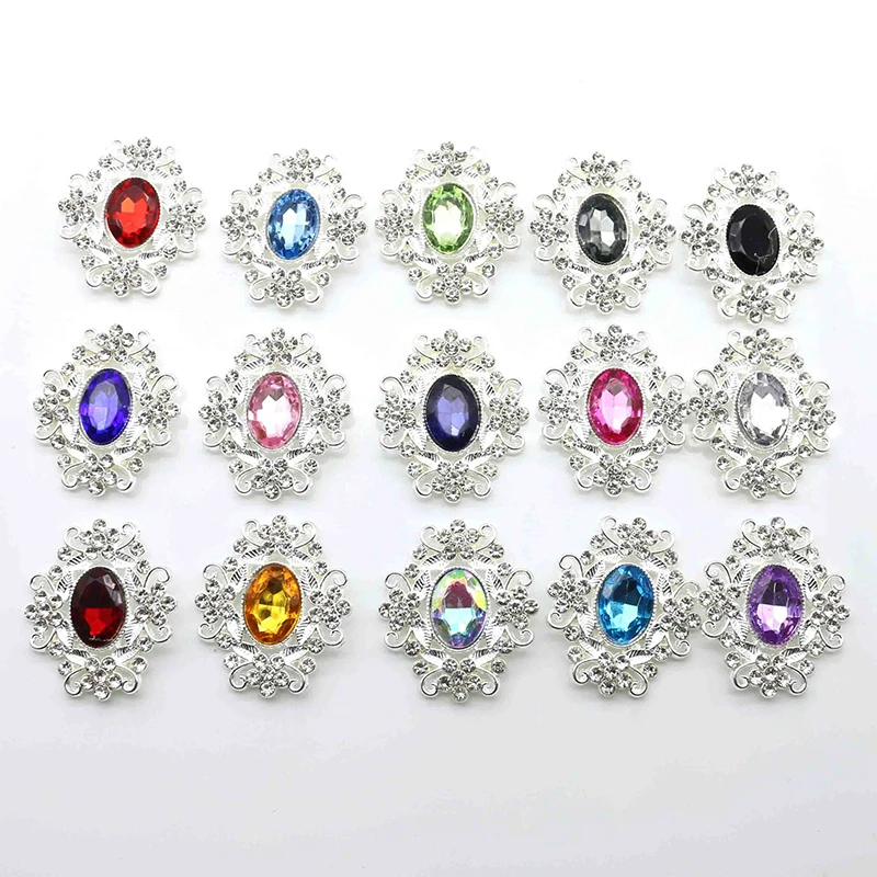 27 * 31mm Silver Mini Alloy Acrylic Rhinestone Buttons DIY Wedding Metal Hair Flower Center Accessories