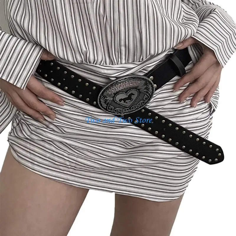 

HX6F PU Rivet Waist Belt with Relief Pattern Buckle for Women Jeans Skirt Decors