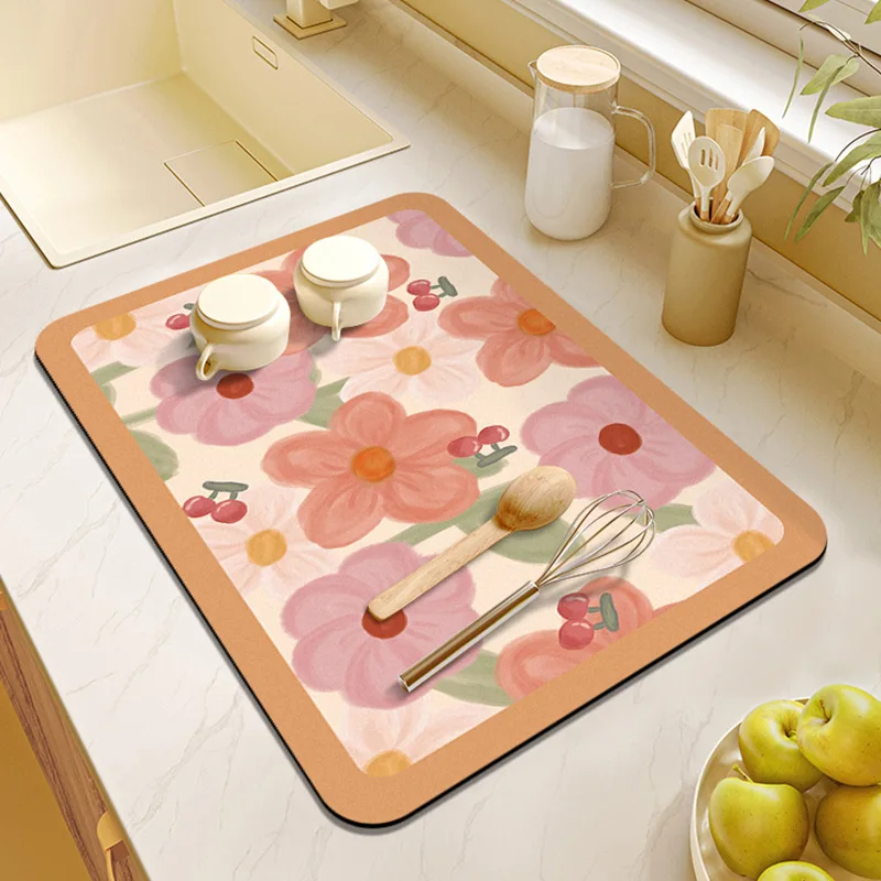 Frische Blumen-Abtropfmatte, Cartoon-Küchenmatte mit künstlerischem Blumenmuster, rutschfeste, hitzebeständige Arbeitsplatten-Schutzmatte