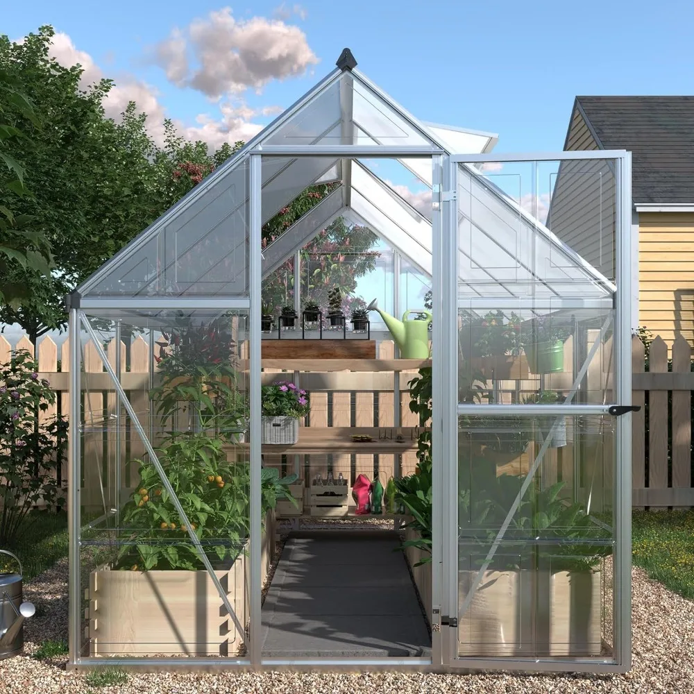 6x12 FT Greenhouse,Hybrid Polycarbonate,with Lockable Hinged Door 2 Vent Window,Walk-in Hobby Greenhouse Aluminum Sun House