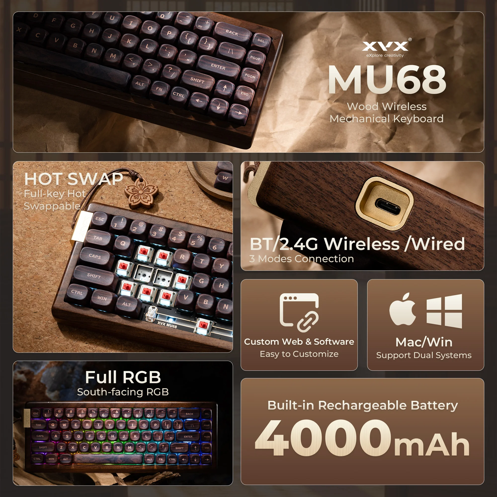 XVX MU68 VIA Tri-Mode Wireless Wooden Mechanical Keyboard with Walnut MOA Keycaps RGB Backlight Hot Swappable Creamy  Keyboard