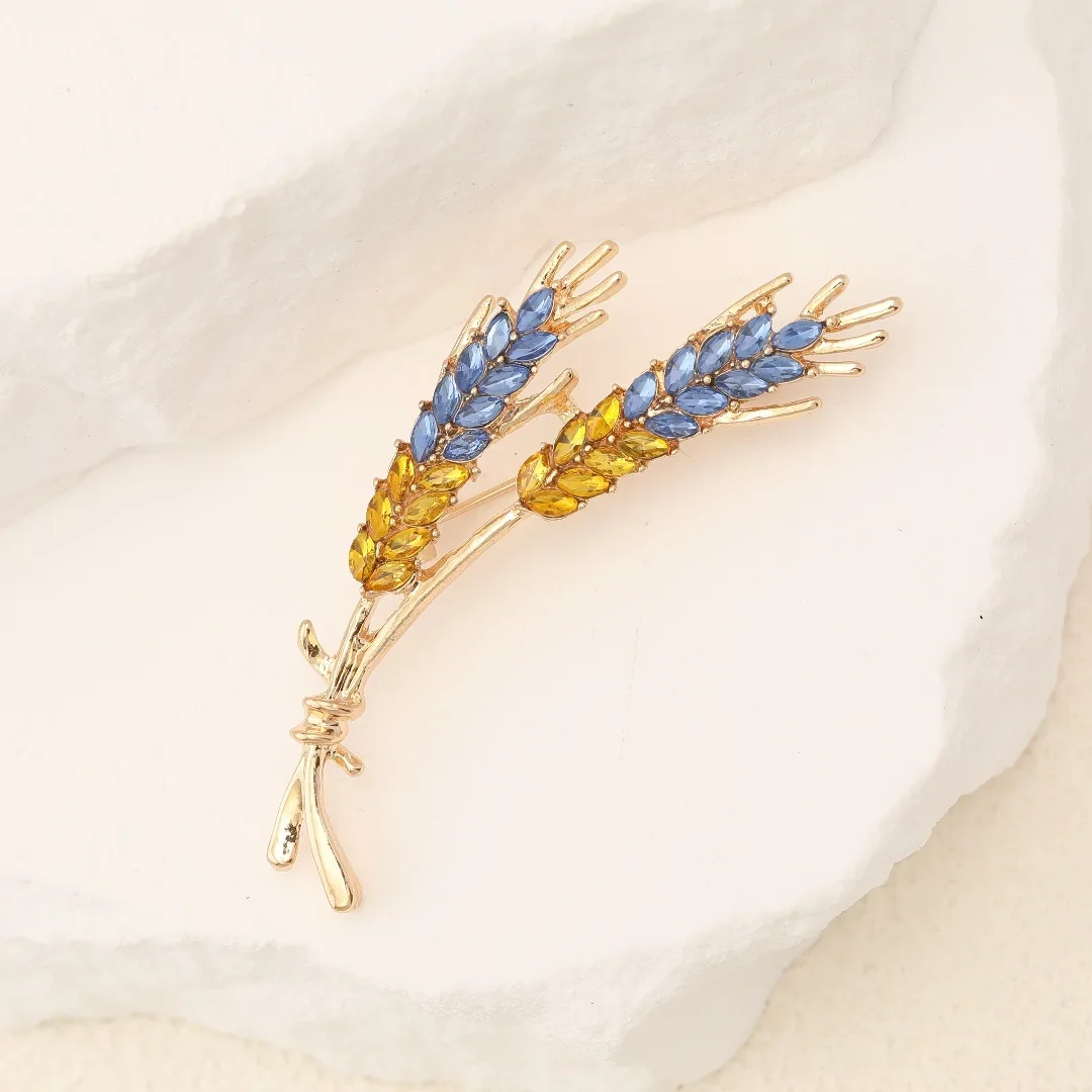 Luxury Women Brooches Ukraine Wheat Badge 7-Color Rhinestone Blue&Yellow Brooch Pins Men Accessories Jewelry For Clothing