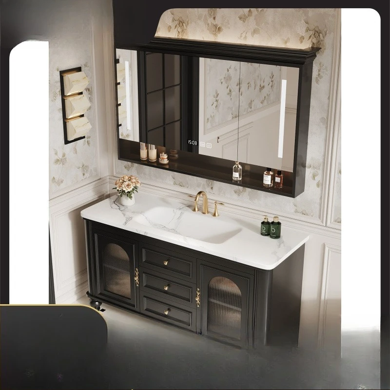 Black French retro bathroom cabinet combination floor-to-ceiling smart mirror cabinet rubber wood wash basin cabinet toilet