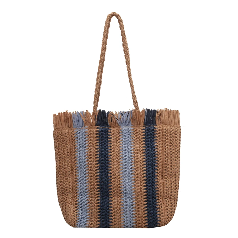 Fashion Straw Woven Shoulder Bag Stripes Handmade Summer Beach Top-handle Handbag Travel Holiday Women Vacation Shopper Totes