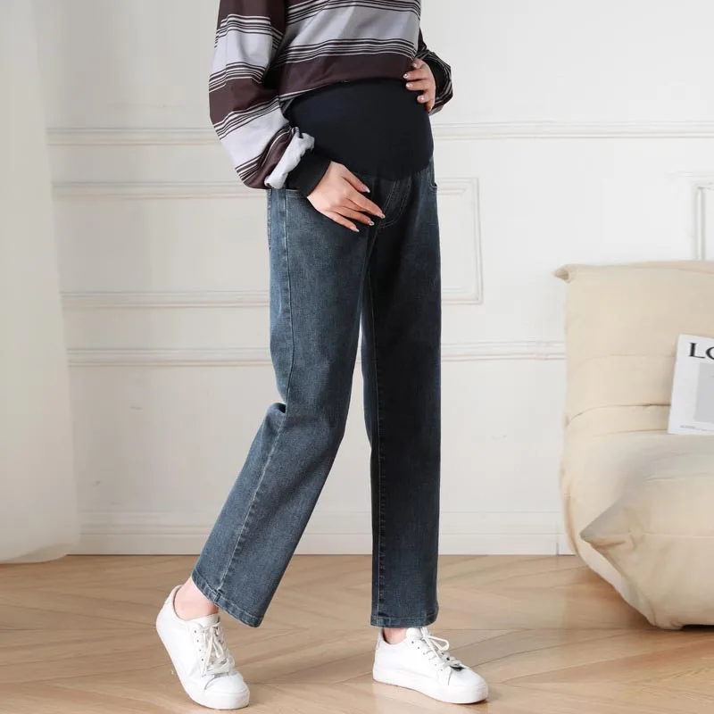Maternity Spring and Autumn Jeans Fashion Denim Adjustable Belly Wide Leg Pants for Pregnant Women Loose Pregnancy Trousers