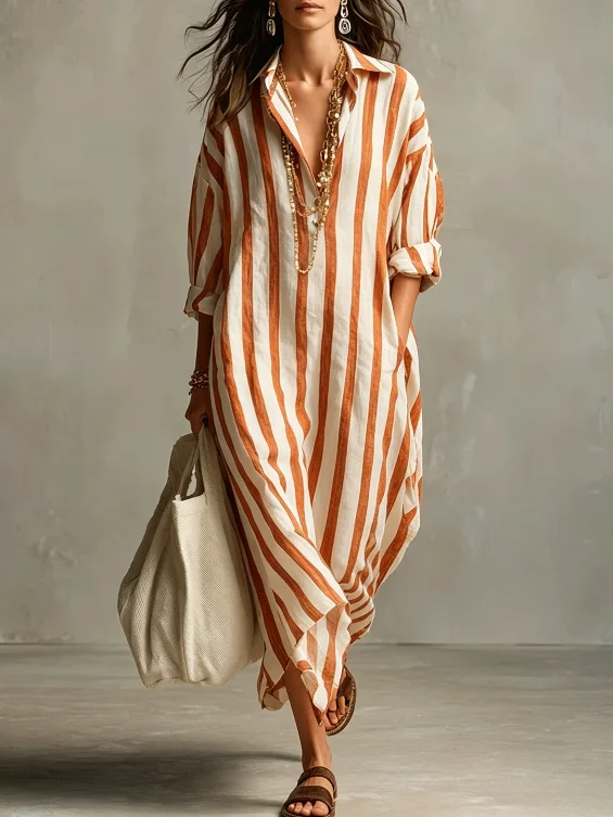 Spring/Summer 2026 Fashion Loose V-Neck Long Printed Striped Shirt Dress Trendy Oversize European And American Trade New Model