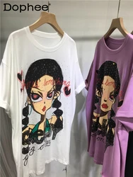 Cute Girl Printed Rhinestones T-shirt Female 2024 Summer Thin Cotton Loose Mid-Length Round Neck Cartoon Short Sleeve Black Top