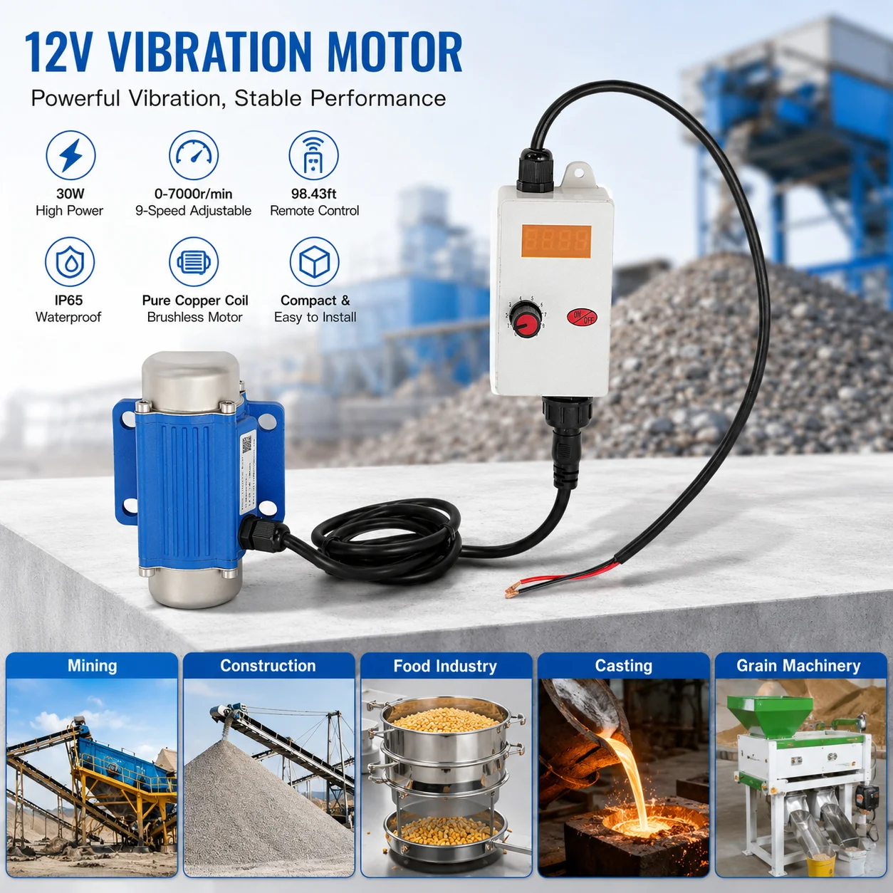 DC 12V 30W Vibration Motor Brushless Vibration Motor with Speed Controller 9-Speed Adjustable 7000RPM IP65 Waterproof with 98.4ft Remote Control Aluminum Alloy for Mining Construction Food Spraying Grain Machinery Industrial Use