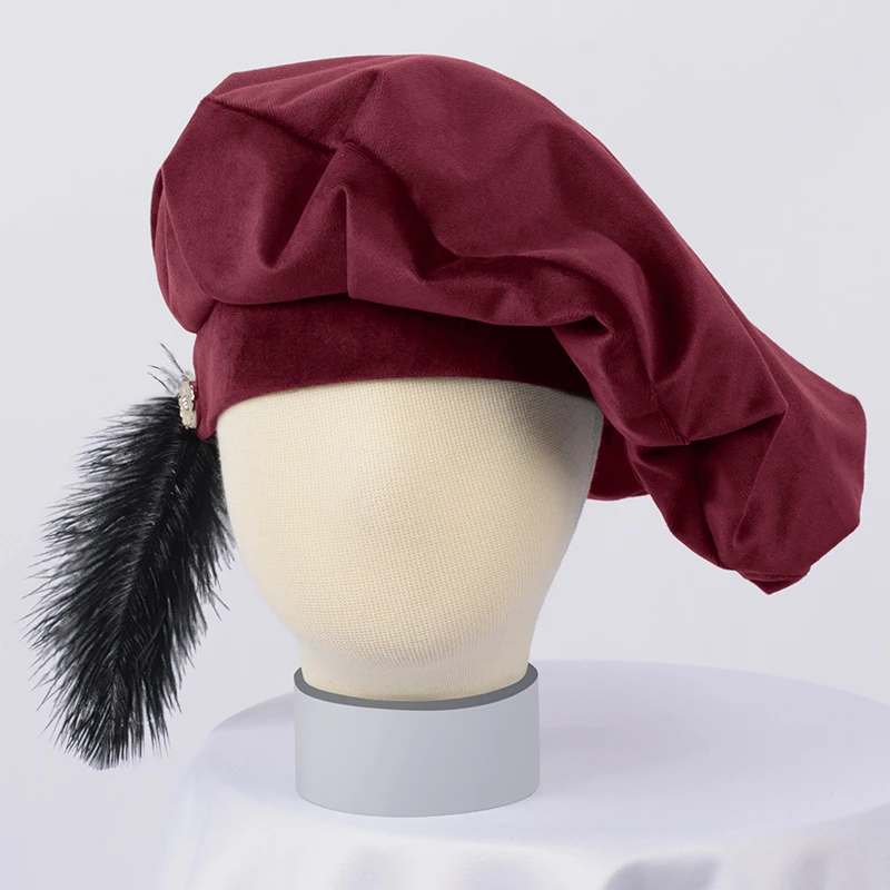 Medieval Beret Hat With Feather Tudor Hat Minstrel Muffin Elizabethan Renaissance Cap Victorian Royal Bonnet Cosplay Costume