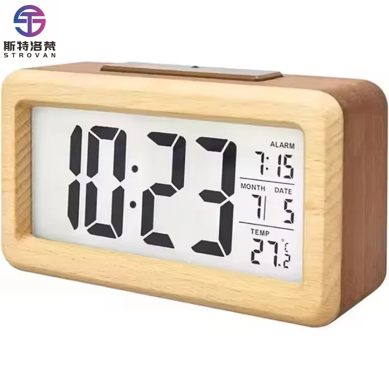 Digital Bamboo Frame Desk Alarm Clock Small Digital Clock Sound Control Dual Display Alarm Clock Desk Office