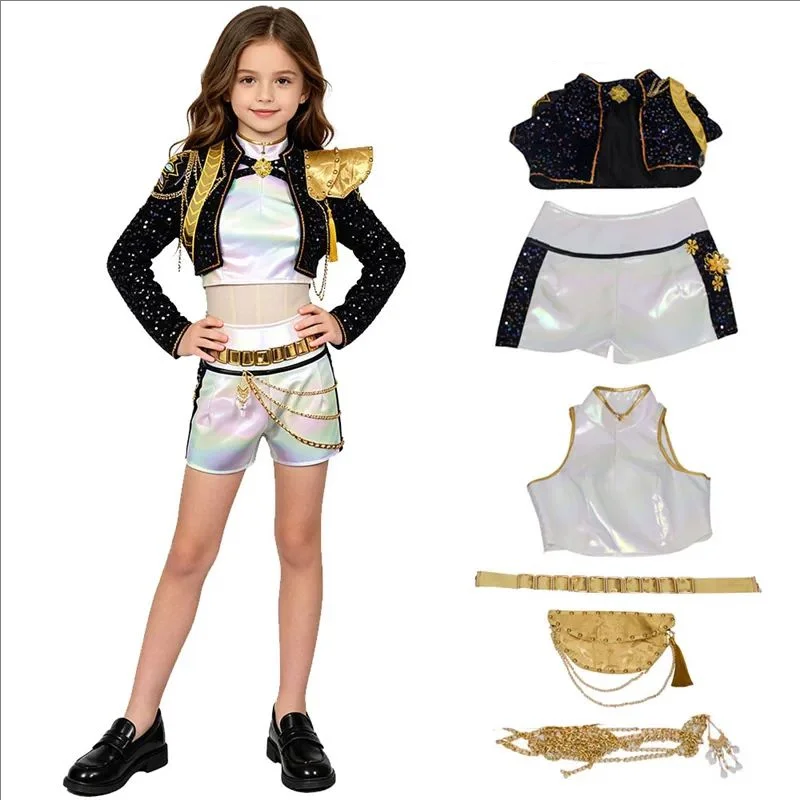 Strój cosplayowy dla nastolatków w stylu idola, błyszczący, czarno-złoty, na występy, przyjęcia urodzinowe, karnawał, Halloween, do odgrywania ról.