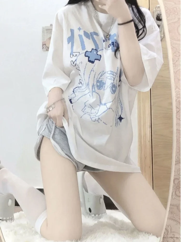 2022 Summer Kpop Japanese Harajuku Anime Graphic T Shirts Women Korean Fashion Streetwear Manga Print Tees White Y2k Tops