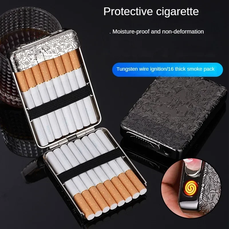 

New cigarette lighter cigarette case USB rechargeable lighter movie same style 16-pack standard cigarette case men's smoking set