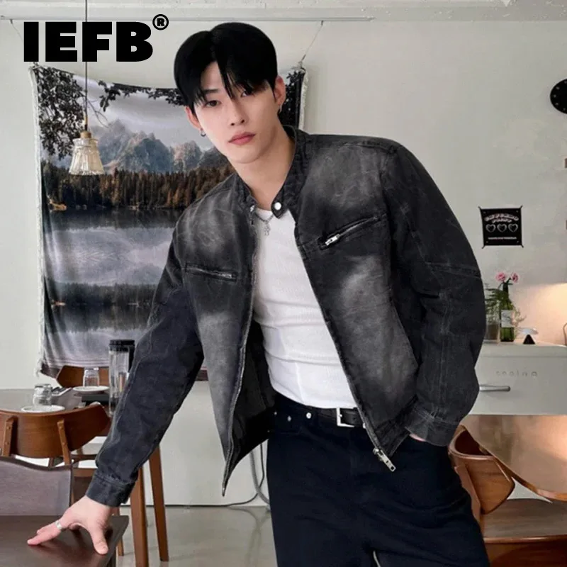 

IEFB High Street Men's Denim Coats Solid Color Stand Collar Zipper Patchwork Menswear New Trendy Male Short Jackets Tide 9C7906