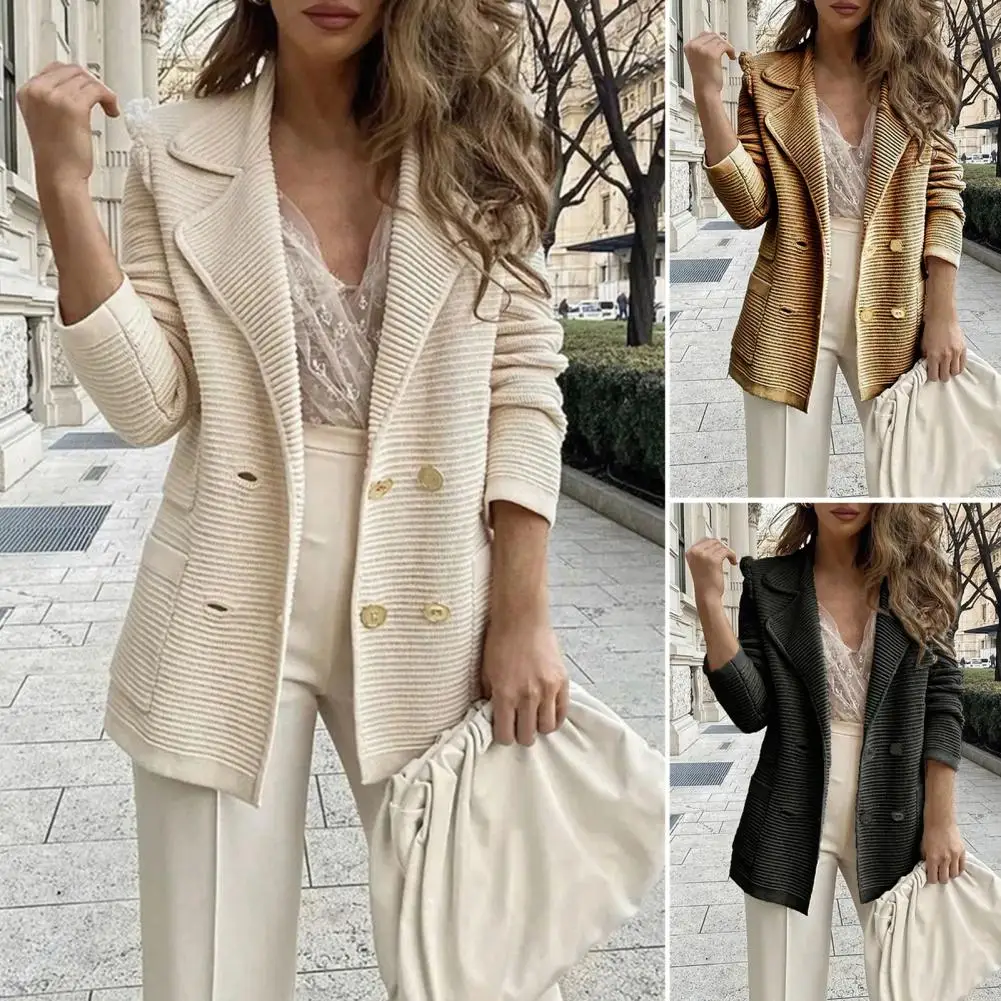 

Women Business Jacket Stylish Women's Double-breasted Suit Coat Warm Mid-length Business Jacket with Turn-down Collar Loose Long