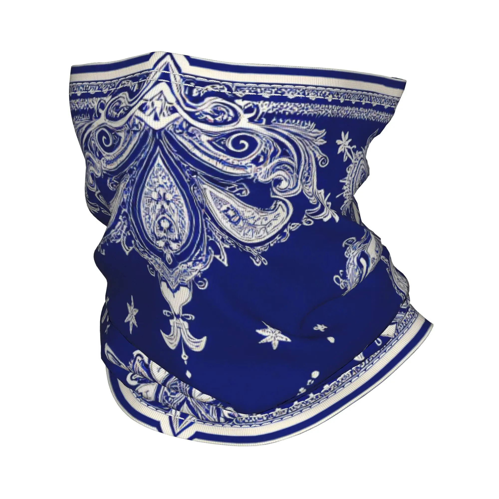 Customization Blue White Paisley Bandana With Black Background And Central Star Motif Bandana Neck Cover Face Scarf Cycling Face