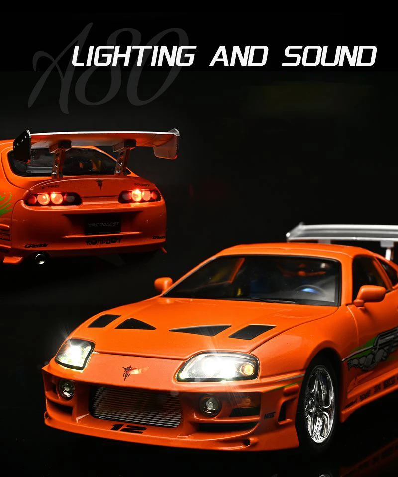 1:24 Brian Supra A80 JDM Supercar Alloy Car Model Sound and Light Pull Back Car Model Collectibles Birthday Gift