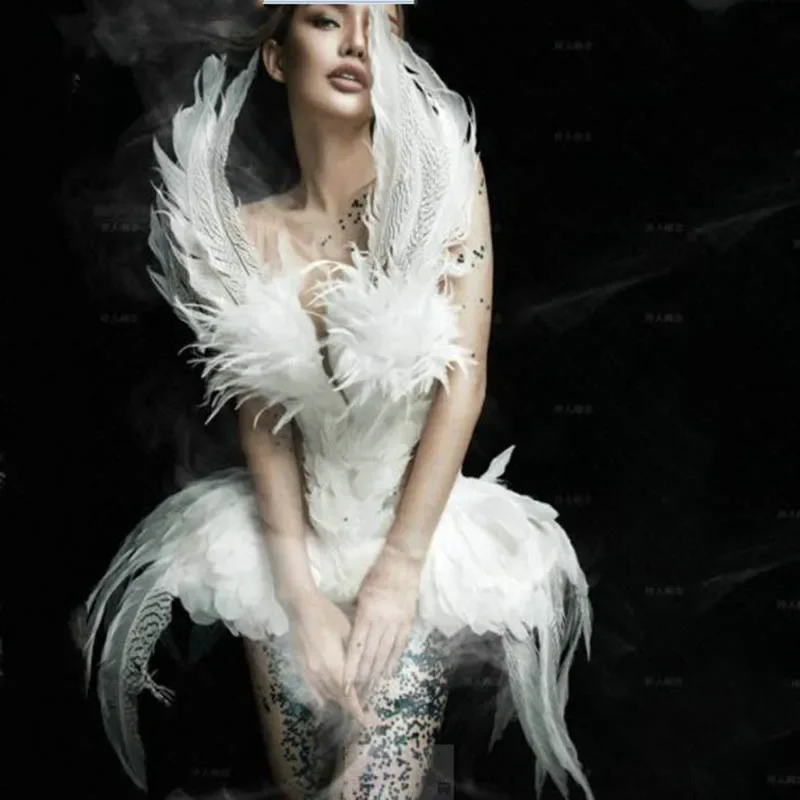 

Fashion show swan feather dress Halloween Party costumes dance performance wings white swan feather carnival costume