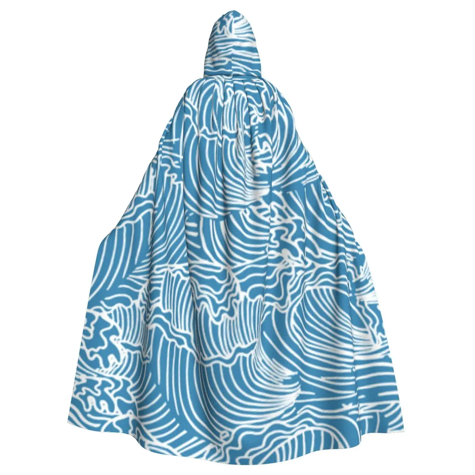 

Blue and White Wave Pattern Hooded Cloak, Stylish Ocean Wave Design, Comfortable & Unique Outerwear.