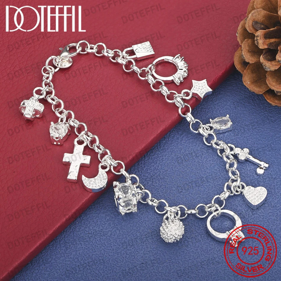 

Стильный браслет из стерлингового серебра 925 пробы, 8 дюймов, с звездами/крестами/цирконами, для женщин, подарок на свадьбу или вечеринку