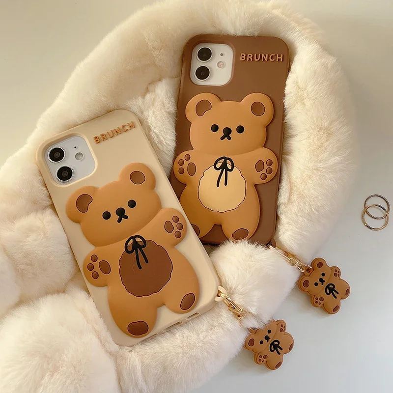 Cartoon Cute 3D Bear Doll Pendant High Quality Silicone Cover for Iphone 15 14 13 12 11Pro MAX XS XR 7 8plus SE2020 Phone Case