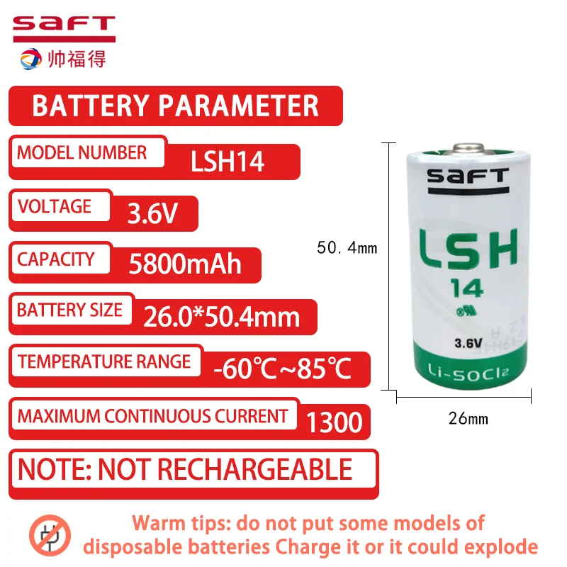 Imagem -02 - Saft Lsh14 3.6v 5800mah c Alta Ampliação Bateria de Lítio Primária para Plc Controle Industrial Máquina-ferramenta Cnc Gps Locator