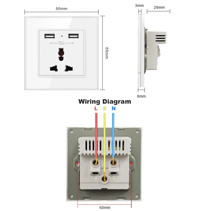 Novski-enchufe de interruptor universal 13A, 2 puertos de carga USB, salida 2.1A, toma de corriente de pared, panel de cristal