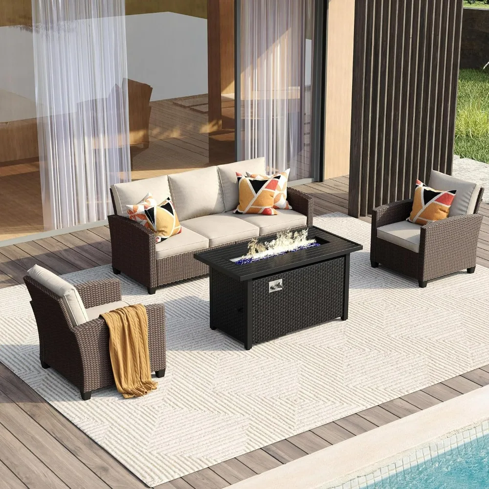 

4 Pieces Outdoor Furniture Set, Patio Rattan Conversation Sets with Metal Fire Pit Table, 3-Seat Sofa Couch & Single Chairs