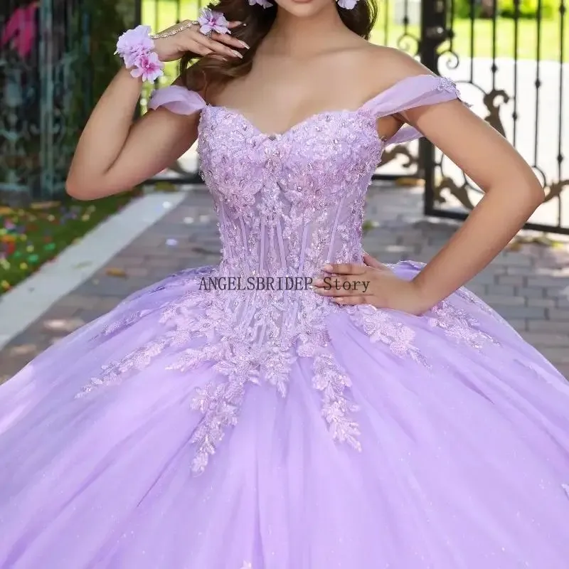 ANGELSBRIDEP Lavender Off The Shoulder Ball Gown Quinceanera Dresses Sequin Applique Lace Tull Corset Party Birthday Customized