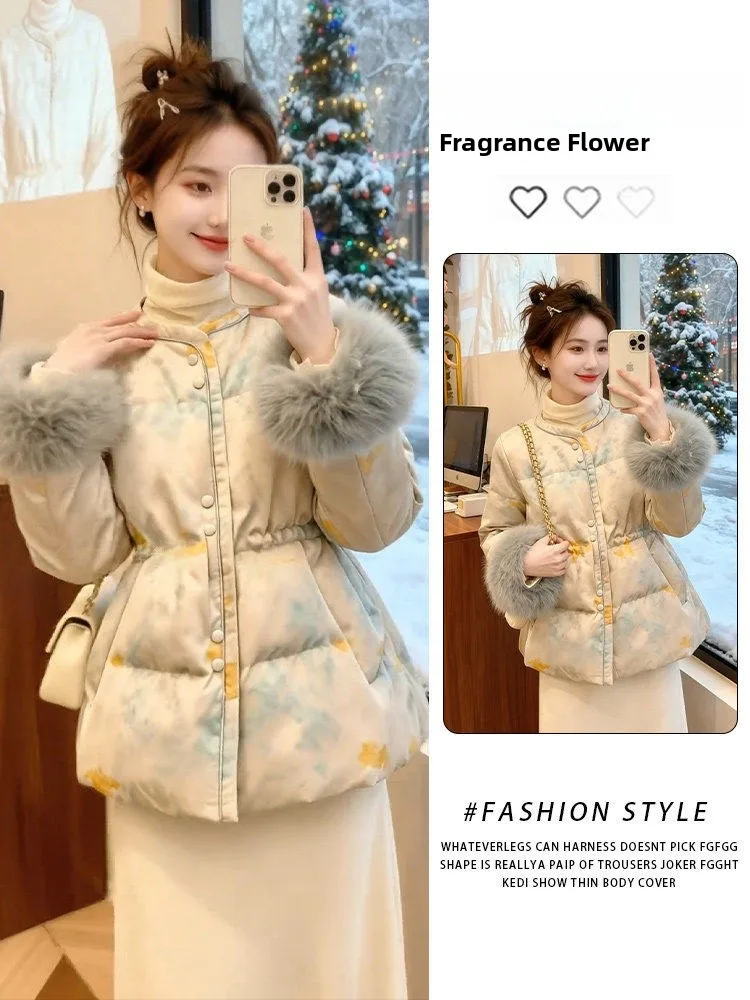 

New Chinese Sle Women's Long down Cotton Jaet Thiened Waist-Cinching Winter Coat Sli Commute Korean Version