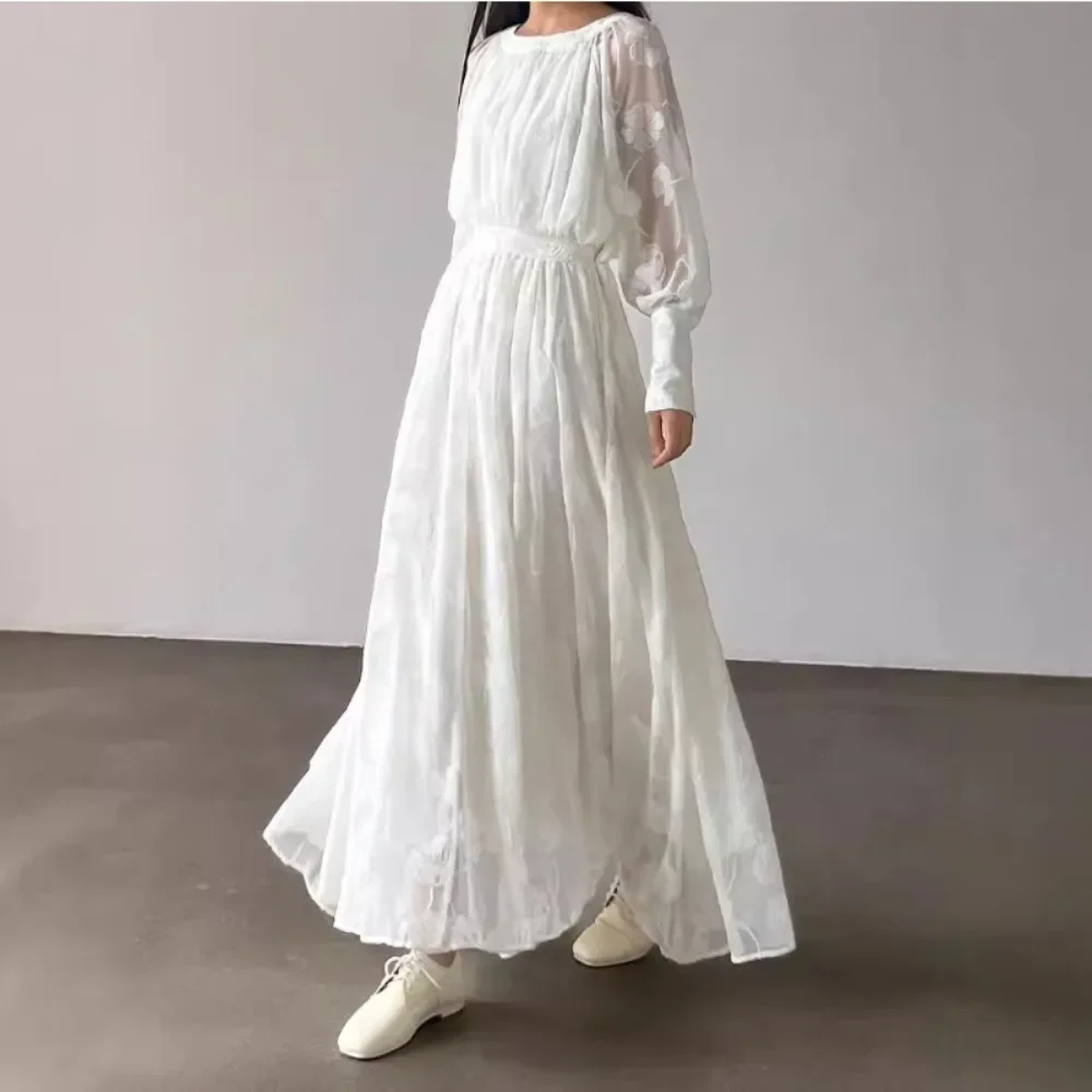 Kuzuwata New French Style Velvet Hollow Out Robe Slim Waist Simple Jacquard Mid-length Dress Japan Pleated Big Swing Vestidos