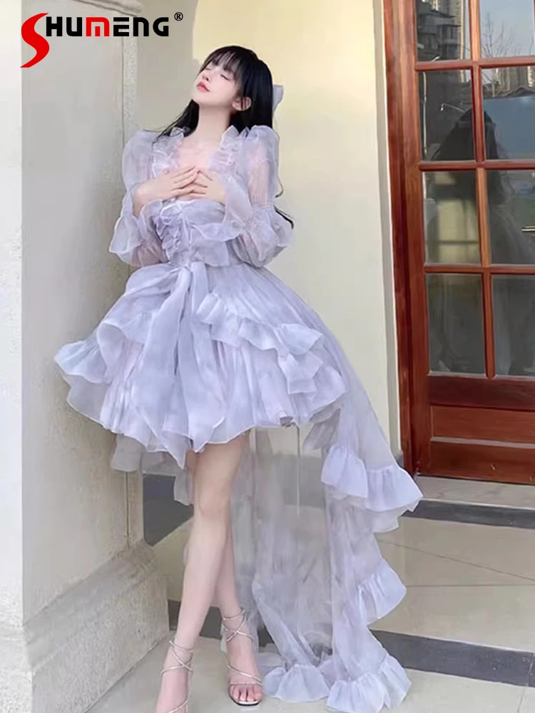 Gorgeous Lolita Princess Dress Set High Waist Fishbone Slim Fit Sling Dress Long Sleeve Waistcoat Trailing Two-Piece Set Women