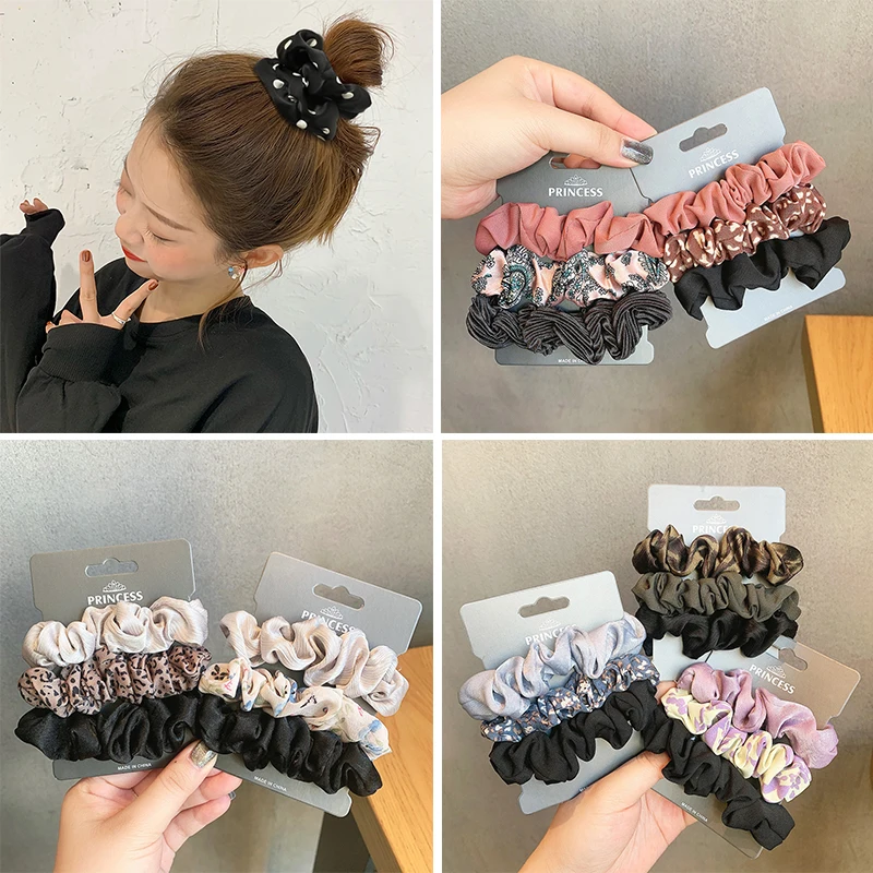 3Pc/set Printed Leopard Scrunchie Set Elastic Hair Rubber Bands Solid Floral Hair Rop For Women Girls Ponytail Holder Headwear