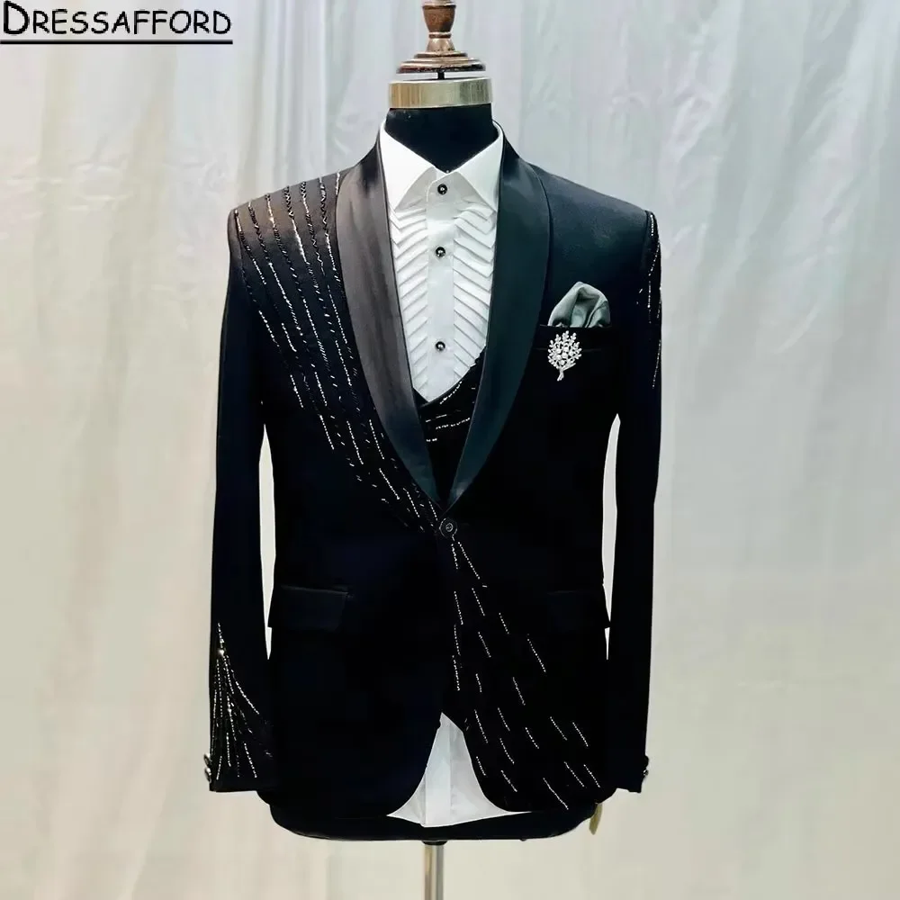 Black Groom Wear Handmade Beading Formal Men Suits 2 Piece Jacket And Pants Sets Smart Casual Business Blazer