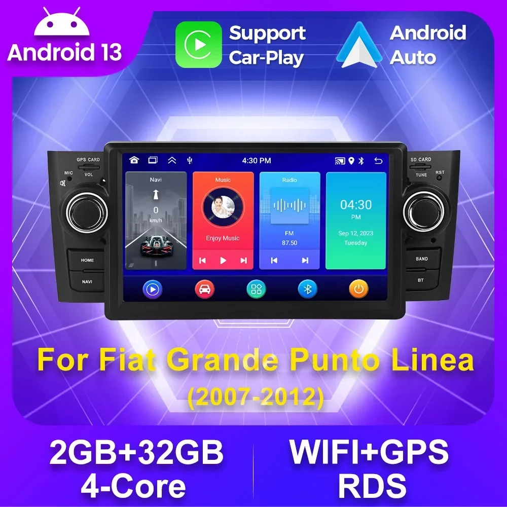 

7-дюймовый автомобильный мультимедийный плеер Android 1 Din для Fiat Grande Punto Linea 2007 2008 2009 2010 2011 2012 Carplay GPS Радио Стерео Wi-Fi
