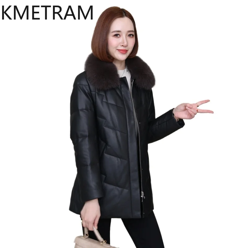 White Goose Down Puffer Jacket Women 100% Sheepskin Black Down Coats Fox Fur Collar 2025 Winter Woman Clothing Пуховик Женский