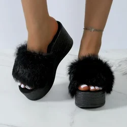 Chunky Platform Fur Slippers Women Summer Thick Bottom Furry Slippers Woman Plush Designer Shoes Slides Women Sandals Flip Flops