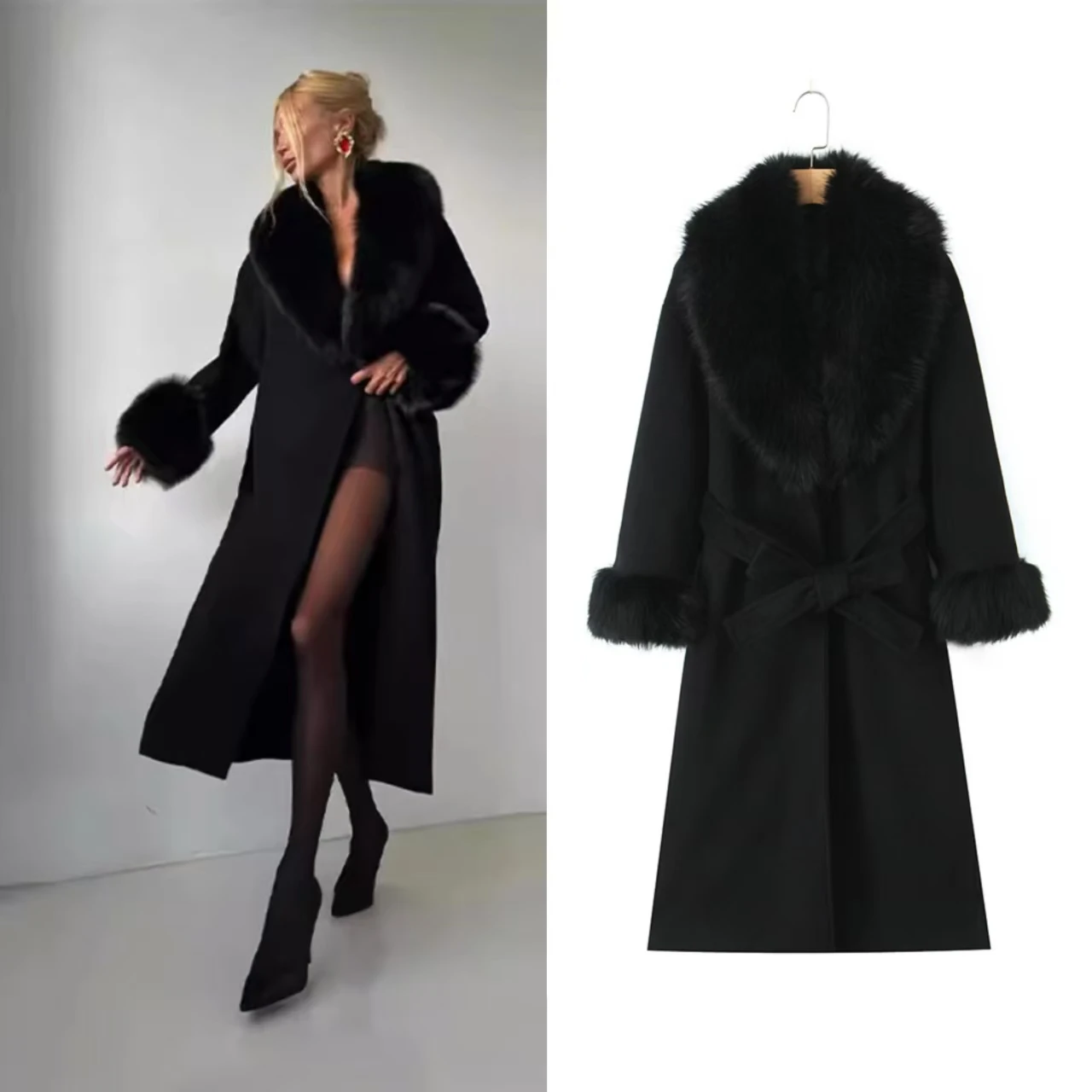 

Women's Coat 2025 Autumn and Winter New Style Black Long-Sleeve Coat with Large Fur Collar Audrey Hepburn Style Elegant