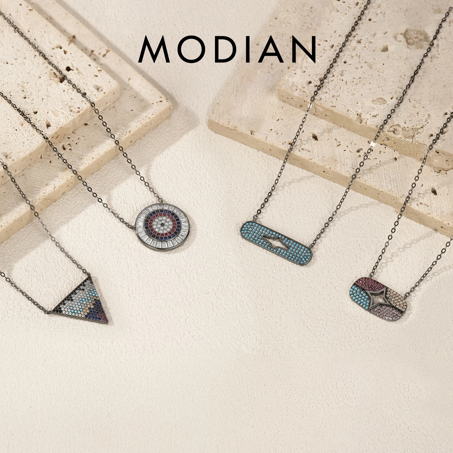 

MODIAN 925 Sterling Silver Vintage Enamel Blue Eyes CZ Water Drop Geometric Pendant Necklace For Women Hip Hop Fine Jewelry