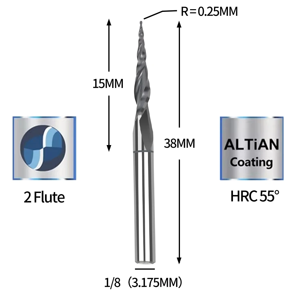 HRC55 degree 2-edge bevel ball end mill for woodworking CNC 2D 3D engraving cutter milling cutter 3-pack 5.09° helix angle