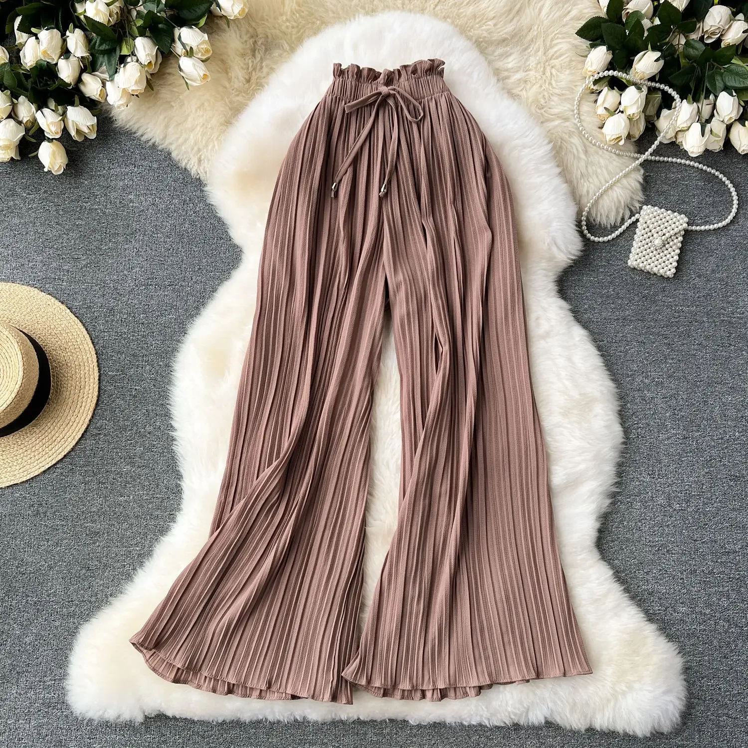 Women Long Pants Wide Leg Pant Solid Loose Casual Lace Up Tight High Waist Capris Regular Pleated Trousers Summer 2025