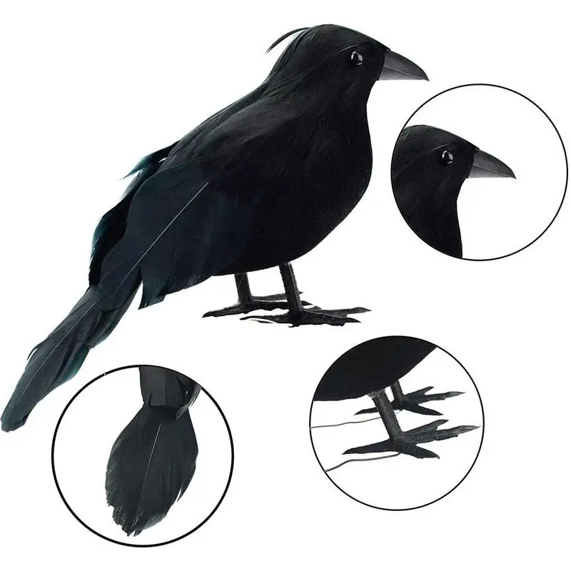 Halloween Crows Decor 6Pcs Spooky Black Feathered Crows Ornaments Haunted House Ornaments For Window Sill Tree Shrubbery