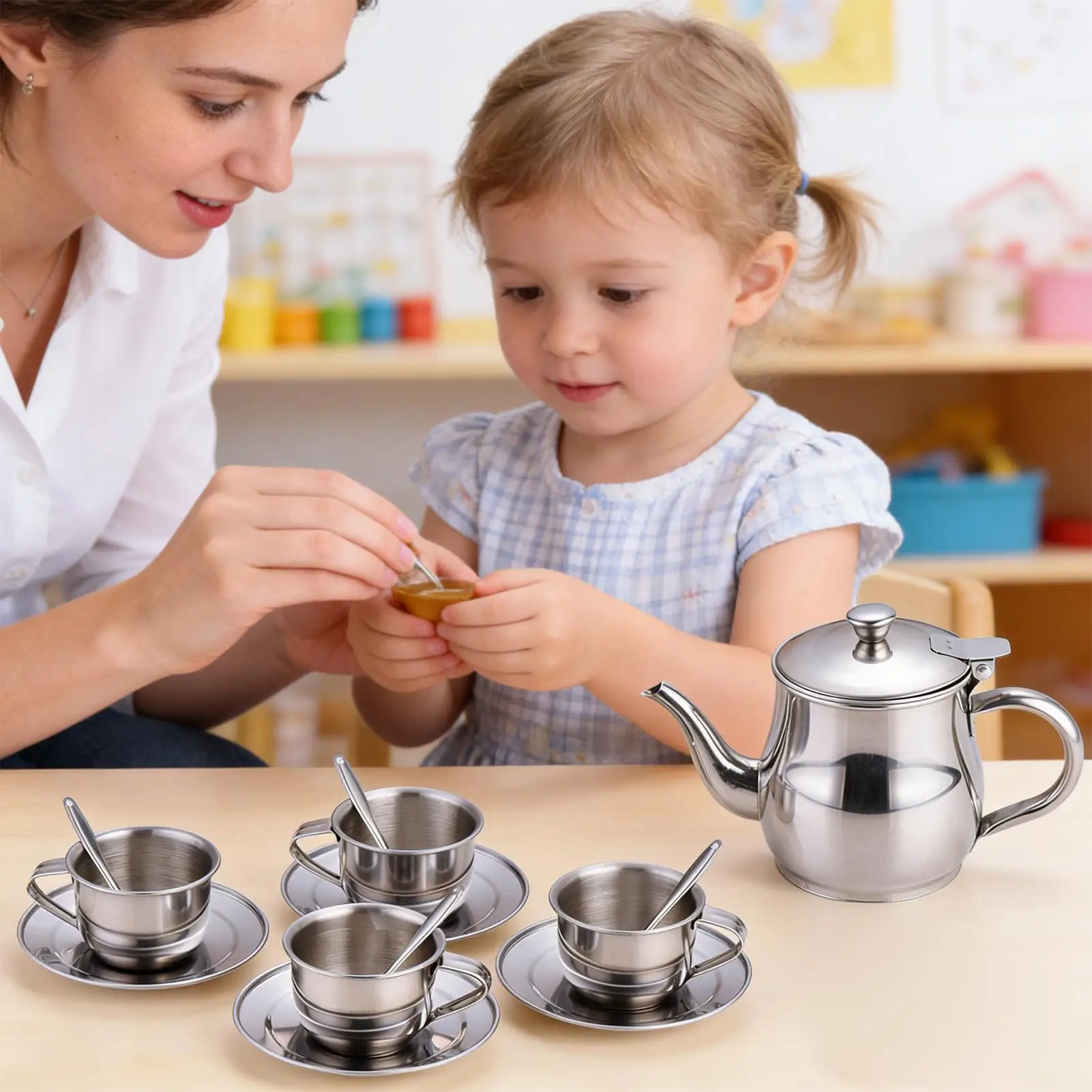 Tea Drinking Utensils 4 Cups (70ml Each) Stainless Steel Children's Tea Pot Sets With Filter Gifts For Kids Home Preschool