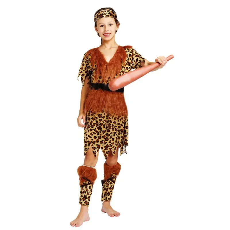 어린이 어린이 원시인 Cavewoman 의상 소년 소녀 Purim 할로윈 의상을위한 원시적 인 코스프레
