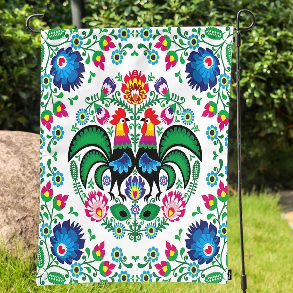 Mugod Poland Flowers Garden Flag Polish Floral Folk Art Square Pattern with Rooster Decorative Spring Summer Outdoor House Flag